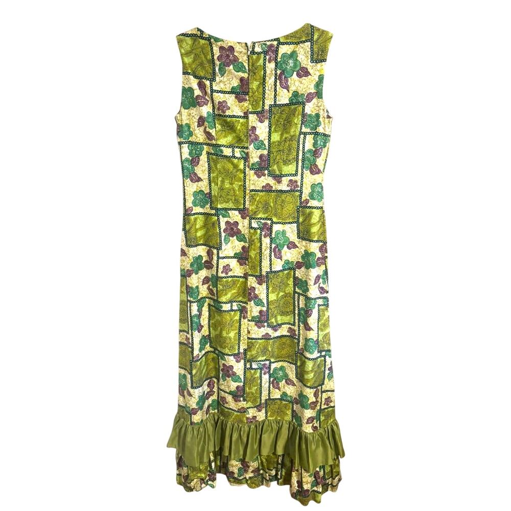 Vintage 70s Hawaiian Floral Patchwork Maxi Dress Green Boho Cotton Ruffle Hem S - Picture 7 of 8